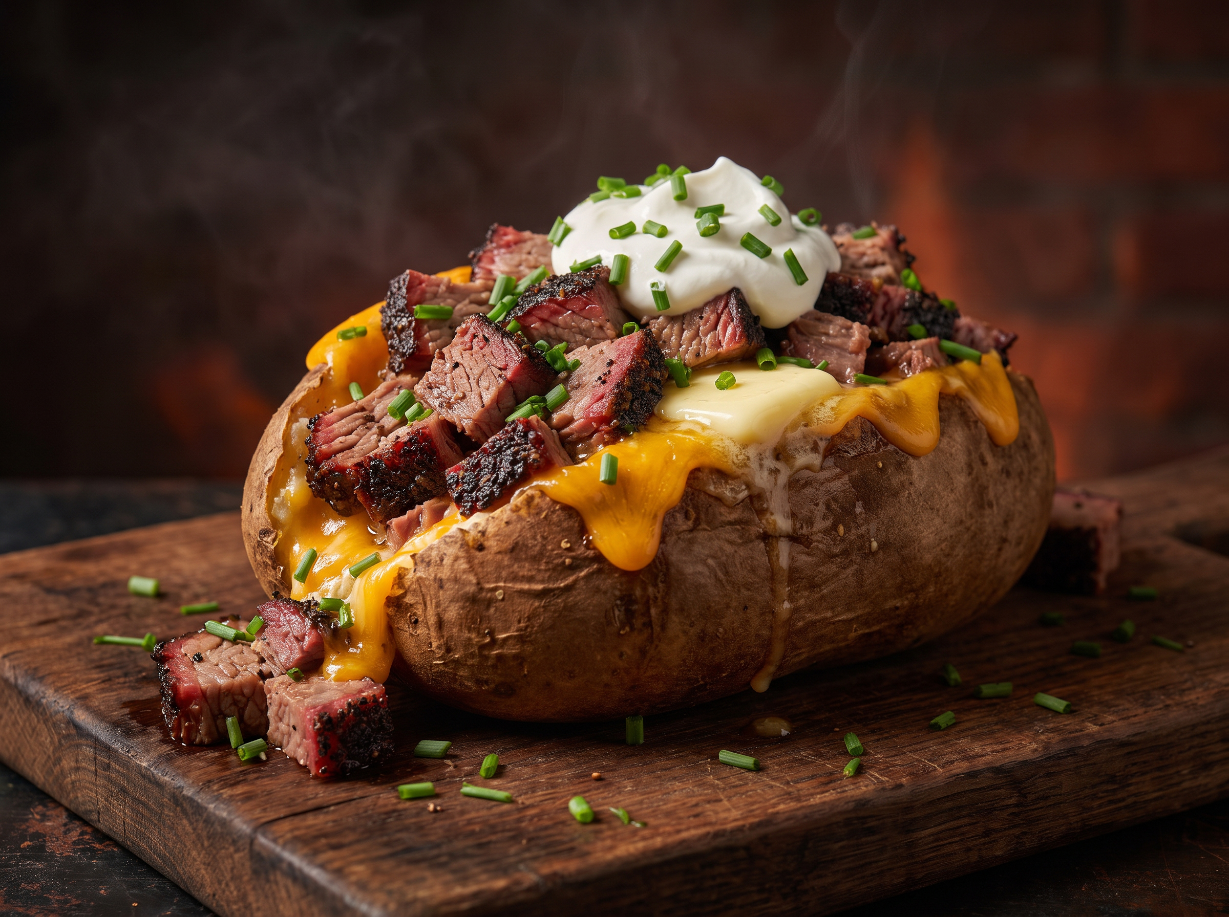 Loaded baked potato topped with chopped brisket, melted cheddar, sour cream, and chives on a wooden board
