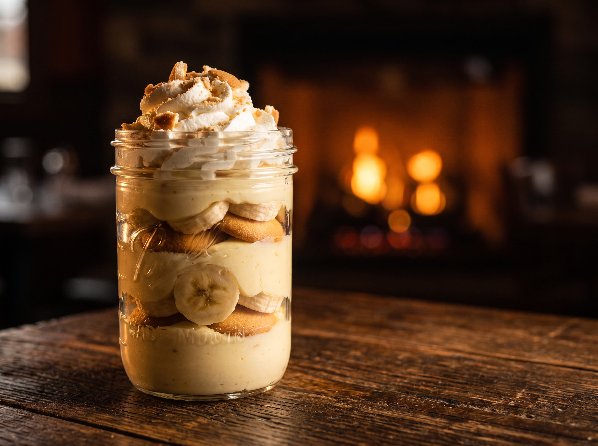 Banana pudding in a glass jar with vanilla wafers, banana slices, and whipped cream