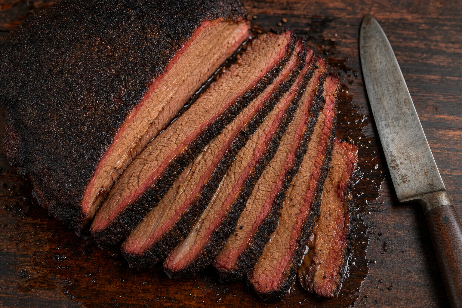 Sliced smoked beef brisket with a pink smoke ring and peppery bark on a wooden board