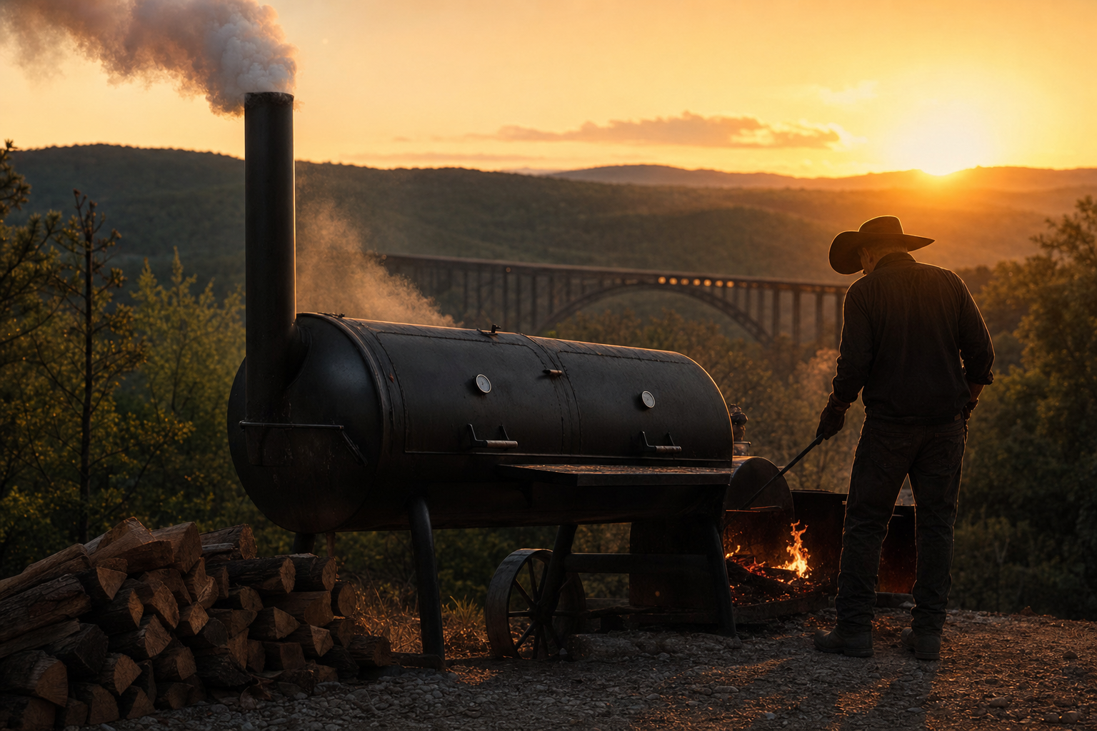 Offset barrel smoker at golden hour in the Ozark hills with hardwood smoke rising