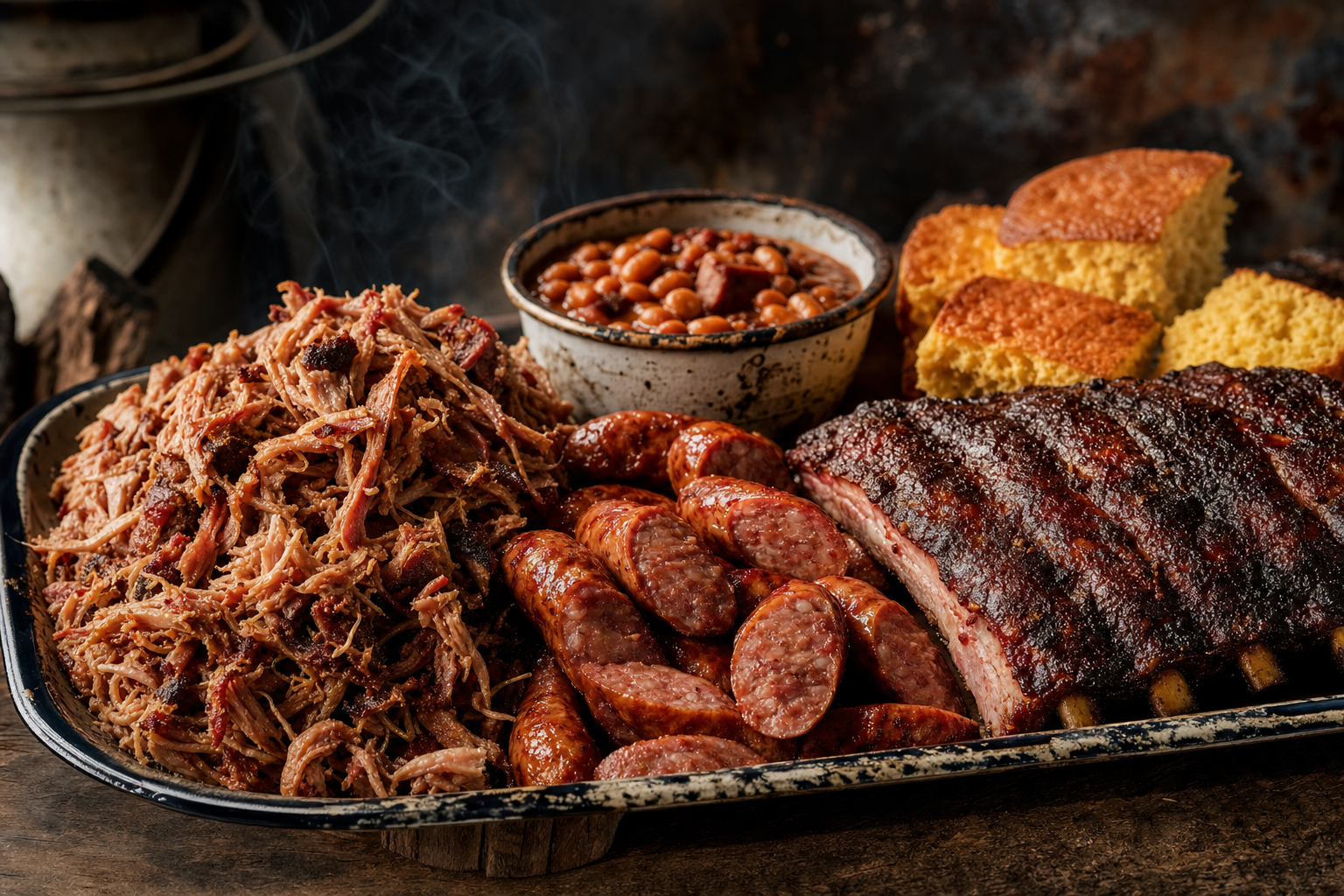 Barbecue platter with pulled pork, smoked sausage, ribs and cowboy beans